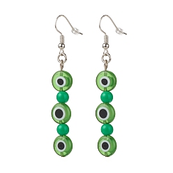 Green Lampwork Evil Eye & Acrylic Beaded Dangle Earrings, Brass Jewelry for Women, Green, 65mm, Pin: 0.7mm