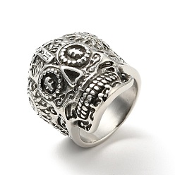 Antique Silver 316 Stainless Steel Skull with Cross Finger Ring, Gothic Jewelry for Men Women, Halloween Theme, Antique Silver, US Size 8 1/4(18.3mm)