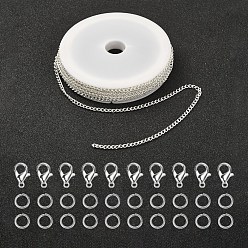 Plata Kit de fabricación de collar de pulsera de cadenas de bricolaje, incluyendo cadenas de bordillo de hierro y anillos de salto, broches de aleación, plata, cadena: 5 m / set