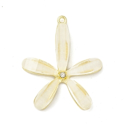 Oro Colgantes de resina transparente, 5 encantos de flores de pétalos, con hallazgos de diamantes de imitación de cristal de aleación de chapado en rack, dorado, 41x34x5 mm, agujero: 1.8 mm