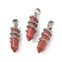 Red Jasper Natural Red Japer Double Terminal Pointed Pendants, Faceted Bullet Charms with Antique Silver Tone Alloy Dragon Wrapped, 47x14.5x15mm, Hole: 7.5x6.5mm
