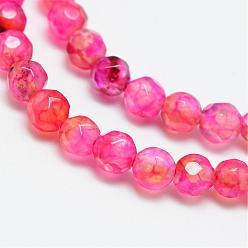 Hot Pink Natural Crackle Agate Bead Strands, Dyed, Faceted, Round, Hot Pink, 4mm, Hole: 1mm, about 87~90pcs/strand, 13.8~14.6 inch