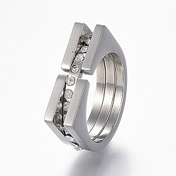 Stainless Steel Color 304 Stainless Steel Wide Band Finger Rings, with Rhinestone, Size 6~9, Stainless Steel Color, 16~19mm