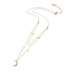 Oro 304 collares de doble capa de acero inoxidable, Con cadenas de cable y cuentas redondas., estrella con la luna, dorado, 17.8 pulgada (45.2 cm)
