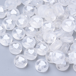 Clear Transparent Acrylic Beads, Flat Round with White Heart, Clear, 7x3.5mm, Hole: 1.8mm, about 3700pcs/500g