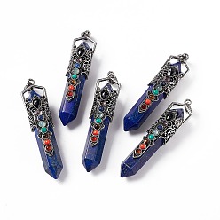 Lapis Lazuli Natural Lapis Lazuli Dyed Big Pendants, 7 Chakra Faceted Bullet Charms, with Rack Plating Antique Silver Tone Alloy Crown Findings, Cadmium Free & Lead Free, 84x20x19.5mm, Hole: 8x5mm