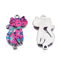 Hot Pink Printed Alloy Kitten Links connectors, with Enamel, Cartoon Cat, Platinum, Hot Pink, 29.5x16.5x2mm, Hole: 1.8mm