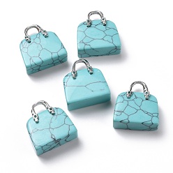 Synthetic Turquoise Synthetic Turquoise Brass Pendants, Platinum, Bag, 27.5x25x10mm, Hole: 6mm
