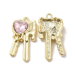 Pink Pendentifs clé coeur en verre, avec alliage d'or léger, plaqué longue durée, sans cadmium et sans plomb, rose, 28x15x5mm, Trou: 2mm