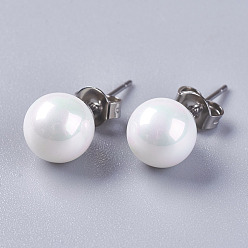 White Electroplate Shell Pearl Ball Stud Earrings, with 304 Stainless Steel Findings, White, 20x8mm, Pin: about 0.6mm
