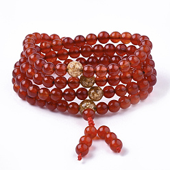 Agate Naturelle 3 -loop style bijoux bouddhistes, agate naturelle mala perle bracelets, bracelets élastiques, ronde, 26.38 pouce (67 cm)