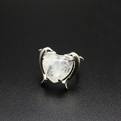 Quartz Crystal Natural Quartz Crystal Heart Adjustable Rings, Platinum Brass Ring, US Size 8(18.1mm)