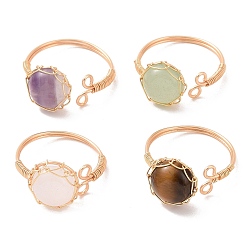 Mixed Color Natural Mixed Gemstone Half Round Open Cuff Rings, Light Gold Copper Wire Wrapped Jewelry, Mixed Color, Inner Diameter: 18~19mm