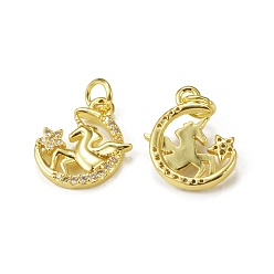 Golden Brass Micro Pave Cubic Zirconia Pendants, with Jump Ring, Moon with Unicorn Charm, Golden, 15.5x13x2.5mm, Hole: 3mm