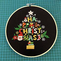 Arbre de Noël Kits de broderie de thème de noël bricolage, y compris le tissu en coton imprimé, fil à broder et aiguilles, cercle à broder en plastique, arbre de Noël, 275x275mm