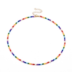 Colorful Glass Seed Beads Beaded Necklaces, with Brass Curb Chains, Colorful, 16.5 inch(42cm)