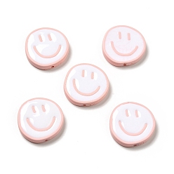Pink Непрозрачные акриловые бусины, с эмалью, плоские круглые с улыбающееся лицо, розовые, 24x5 мм, отверстие : 1.6 мм