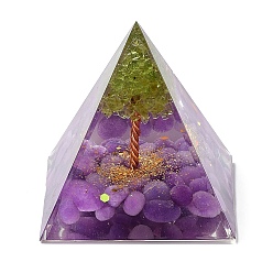 Amethyst Orgonite Pyramid Resin Energy Generators, Reiki Natural Amethyst & Peridot Chips Tree of Life for Home Office Desk Decoration, 50mm