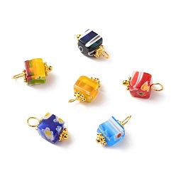 Mixed Color Handmade Millefiori Glass Charms, with Alloy Spacer Beads and Brass Ball Head Pins, Cube, Golden, Mixed Color, 12x6mm, Hole: 3mm