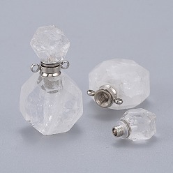 Cristal de Quartz Pendentifs de bouteille de parfum ouvrants en cristal de quartz naturel à facettes, cristal de roche, avec 304 accessoires en acier inoxydable, couleur inox, 34~36x20~22x12~13mm, Trou: 1.8mm, capacité de la bouteille: 1 ml (0.034 fl. oz)