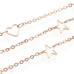 Real 18K Gold Plated Brass Hollow Heart & Star Link Chains, Soldered, with Spool, Real 18K Gold Plated, 6.5x7.5x1mm, Star: 7.5x8x1mm, 5m/roll