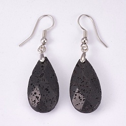 Lava Rock Natural Lava Rock Dangle Earrings, with Brass Findings, teardrop, Faceted, Platinum, 45~49mm, Pin: 0.7mm, Pendant: 24~26x13x6~7mm