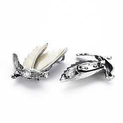 Floral White Natural White Shell Bird Brooch, Alloy Lapel Pin with Loop for Backpack Clothes Pendant Jewelry, Cadmium Free & Lead Free, Antique Silver, Floral White, 50x39.5x16mm, Hole: 4.5x6mm, Pin: 0.7mm