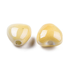 Pale Goldenrod Pearlized Handmade Porcelain Beads, Heart, Pale Goldenrod, 10x10x7mm, Hole: 1.8mm