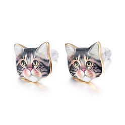 Light Grey Real 14K Gold Plated Alloy Kitten Stud Earrings, with Enamel and Environment Stainless Steel Pin, Printed, Cat Pattern, Light Grey, 10~10.5x10.5~11mm, pin: 0.7mm