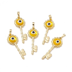 Gold Handmade Evil Eye Lampwork Pendants, with Rack Plating Real 18K Gold Plated Brass Findings, Long-Lasting Plated, Flower Key with Heart, Gold, 33x12x3.5mm, Hole: 4x7mm
