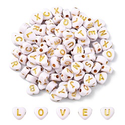 White Opaque Acrylic Beads, Horizontal Hole, Metal Enlaced, Heart with Mixed Golden Letters, White, 7x3.5mm, Hole: 1.2mm