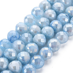 Bleu Ciel Clair Mèches de perles de verre craquelé peintes au four opaque, facette, de couleur plaquée ab , larme, lumière bleu ciel, 8x7~8mm, Trou: 1.2mm, Environ 60 pcs/chapelet, 18.11 pouces (46 cm)