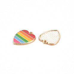 Colorful Alloy Enamel Pendants, Light Gold, Cadmium Free & Lead Free, Heart with Rainbow Stripe, Colorful, 18x15x1.5mm, Hole: 1.6mm