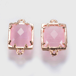 Rose Nacré Connecteurs de liens en verre, avec accessoires en laiton, facette, rectangle, or, perle rose, 15x9x4mm, Trou: 0.6mm