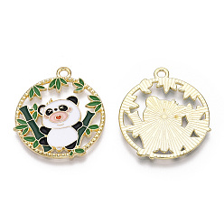 Green Alloy Enamel Pendants, Flat Round with Panda Charm, Real 14K Golden Plated, Green, 28x25x1.5mm, Hole: 1.8mm