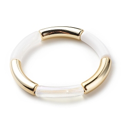 Blanc Bracelet extensible perlé tube incurvé acrylique pour femme, blanc, diamètre intérieur: 2-1/8 pouce (5.3 cm)