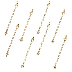 Golden 8Pcs 4 Style Brass Micro Pave Cubic Zirconia Chain Extender, with Stainless Steel Lobster Claw Clasps and Mixed Shape Charm, Long-Lasting Plated, Golden, 77x3mm, Hole: 3mm, 2Pcs/style