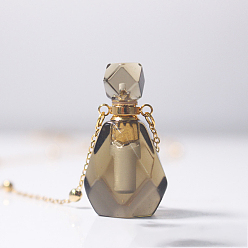 Smoky Quartz Natural Smoky Quartz Perfume Bottle Pendant Necklace with Brass Chains, Essential Oil Vial Necklace for Women, Golden, 25.59 inch(65cm), Capacity: 0.88ml(0.03fl. oz)