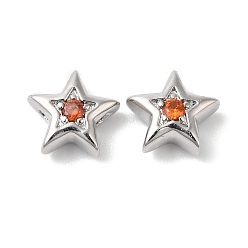 Naranja Rojo Cuentas de latón con circonitas cúbicas, Platino verdadero plateado, estrella, rojo naranja, 7.5x8x3 mm, agujero: 1 mm