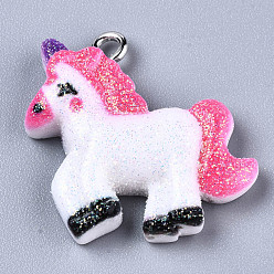 Hot Pink Resin Pendants, with Glitter Powder and Platinum Iron Findings, Unicorn, Hot Pink, 23~25x23~24.5x5~6mm, Hole: 2mm
