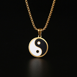 Rond Plat Colliers avec pendentif yin yang en acier inoxydable et émail pour femmes, plat rond, 15.75 pouce (40 cm)
