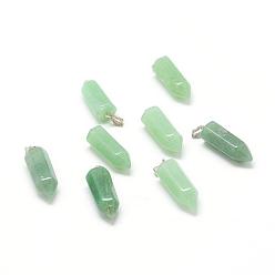 Green Aventurine Natural Green Aventurine Gemstone Pointed Pendants, with Platinum Tone Brass Findings, Bullet, 25~26x9x8mm, Hole: 7x3mm
