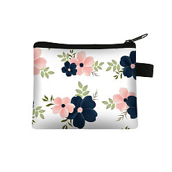 White Flower Pattern Cartoon Style Polyester Clutch Bags, Change Purse with Zipper & Key Ring, for Women, Rectangle, White, 13.5x11cm