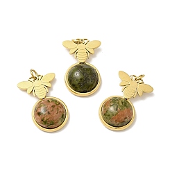 Unakite Bee Natural Unakite Pendants, with Ion Plating(IP) Golden Tone 304 Stainless Steel Findings, Half Round Charm, 20x13x6mm, Hole: 2.7mm