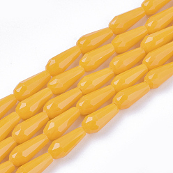 Orange Opaque Solid Color Glass Beads Strands, Imitation Jade, Faceted, Teardrop, Orange, 9~10x4mm, Hole: 1mm, about 72pcs/Strand, 26.38~27.17 inch(67~69cm)