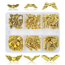 Antique Golden 60Pcs 6 Style Tibetan Style Alloy Beads, Wing & Fairy Wing, Antique Golden, 4~23x5~14x2~4mm, Hole: 1~2mm