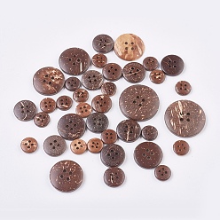 Coconut Brown Wooden Buttons, 4-Hole, Flat Round, Coconut Brown, 10~20x2.5~3.5mm, Hole: 1.5~2mm