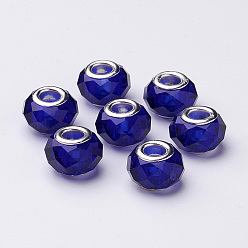 Azul de Medianoche Granos europeos cristal hechos a mano, abalorios de grande agujero, núcleo de latón en color plata, azul medianoche, 14x8 mm, agujero: 5 mm