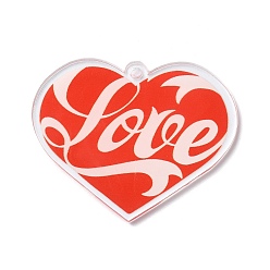 Rouge Pendentif acrylique transparent saint valentin, coeur avec charme d'amour, rouge, 40.5x49.5x2mm, Trou: 3mm