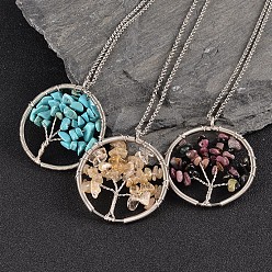 Mixed Stone Flat Round with Tree 304 Stainless Steel Mixed Stone Pendant Necklaces, with Lobster Claw Clasps, 28 inch(71cm)